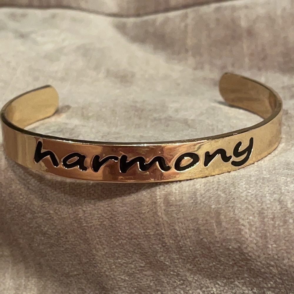 Inspirational Cuff Bracelet with “harmony” engraved Gold with Black writing 6-8”